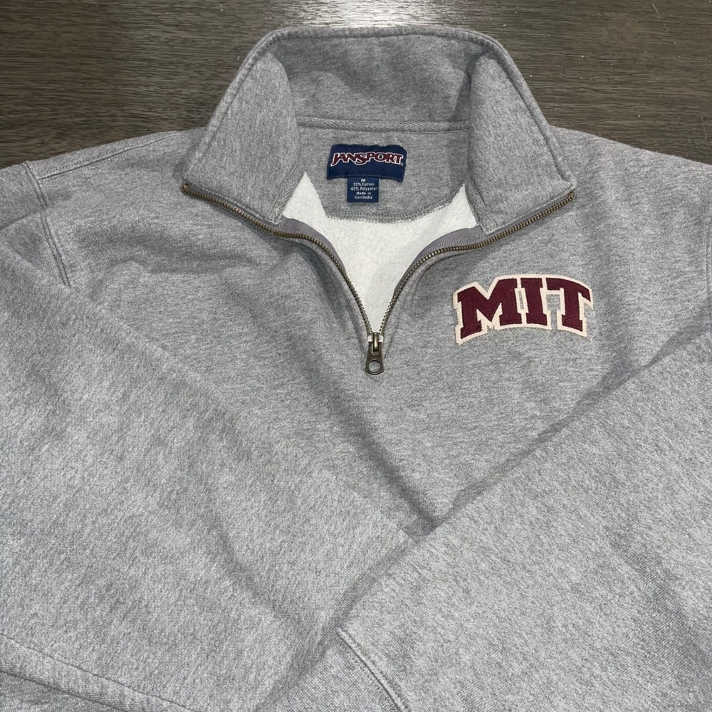 Jansport Mens M Gray Quarter Zip MIT Collegiate Fleece Pullover Sweatshirt